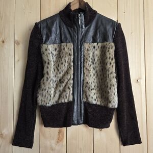 Lisa International Leather Faux Fur Animal Print Zip Up Sweater Jacket Large